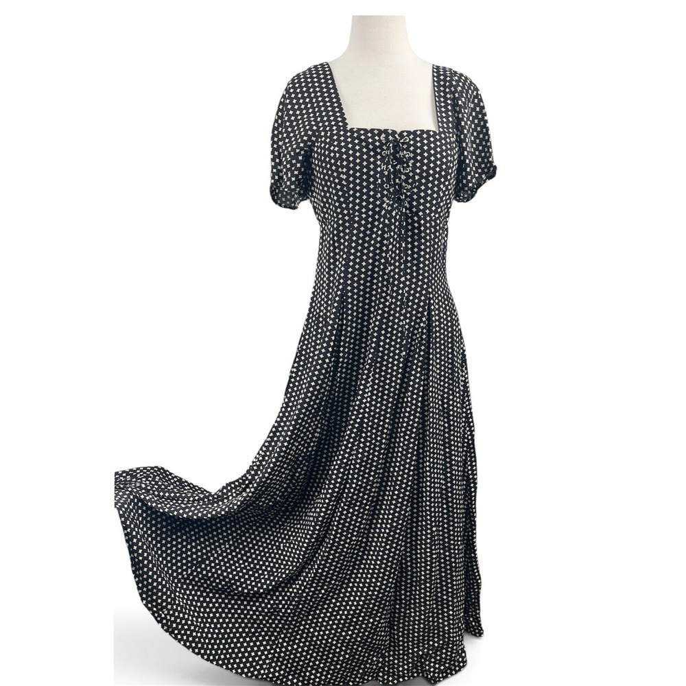Odessa Tie Front Babydoll Maxi Dress sz 8 Black Floral Square Neck 90s VTG